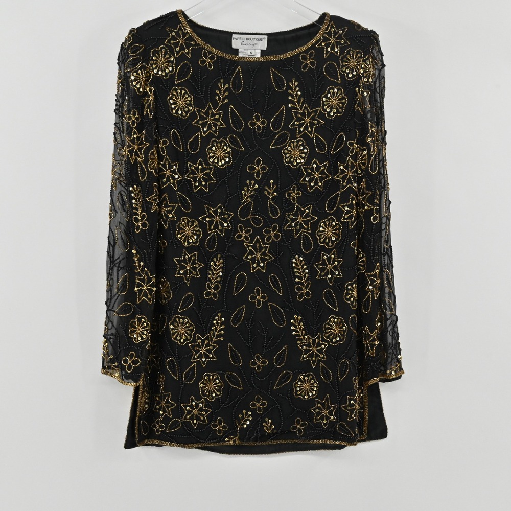 Papell Boutique Silk‎ Beaded Top Womens Size S Black Gold Vintage Evening Blouse